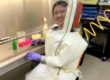 Na foto, pesquisadora Jacqueline Shimizu do CNPEM em laboratório de treinamento NB4 na UTMB, trajando o macacão típico de operação nesses ambientes (Créditos: Divulgação/CNPEM)